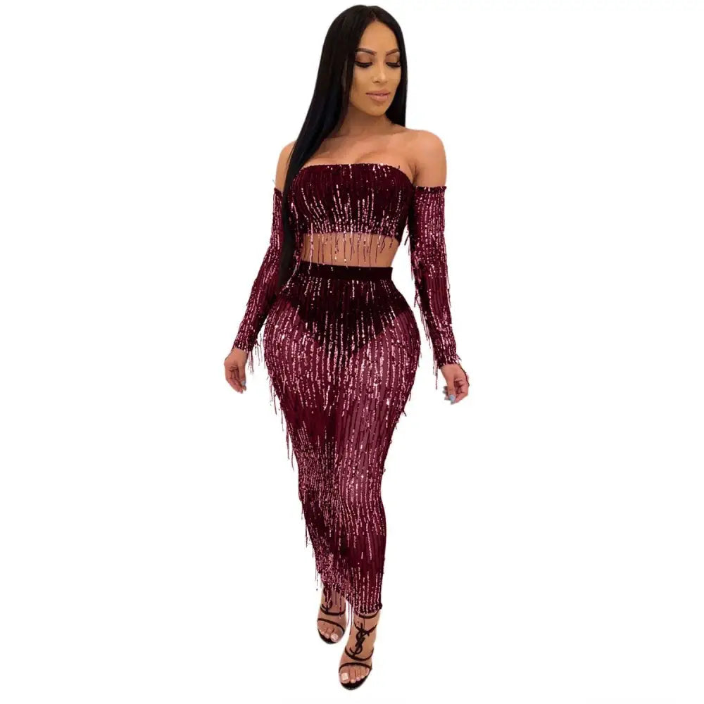Black Mesh Sequins Tassel Two Piece Set