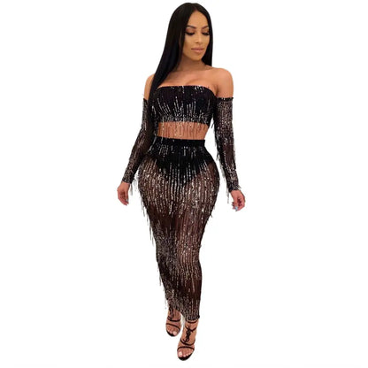 Black Mesh Sequins Tassel Two Piece Set
