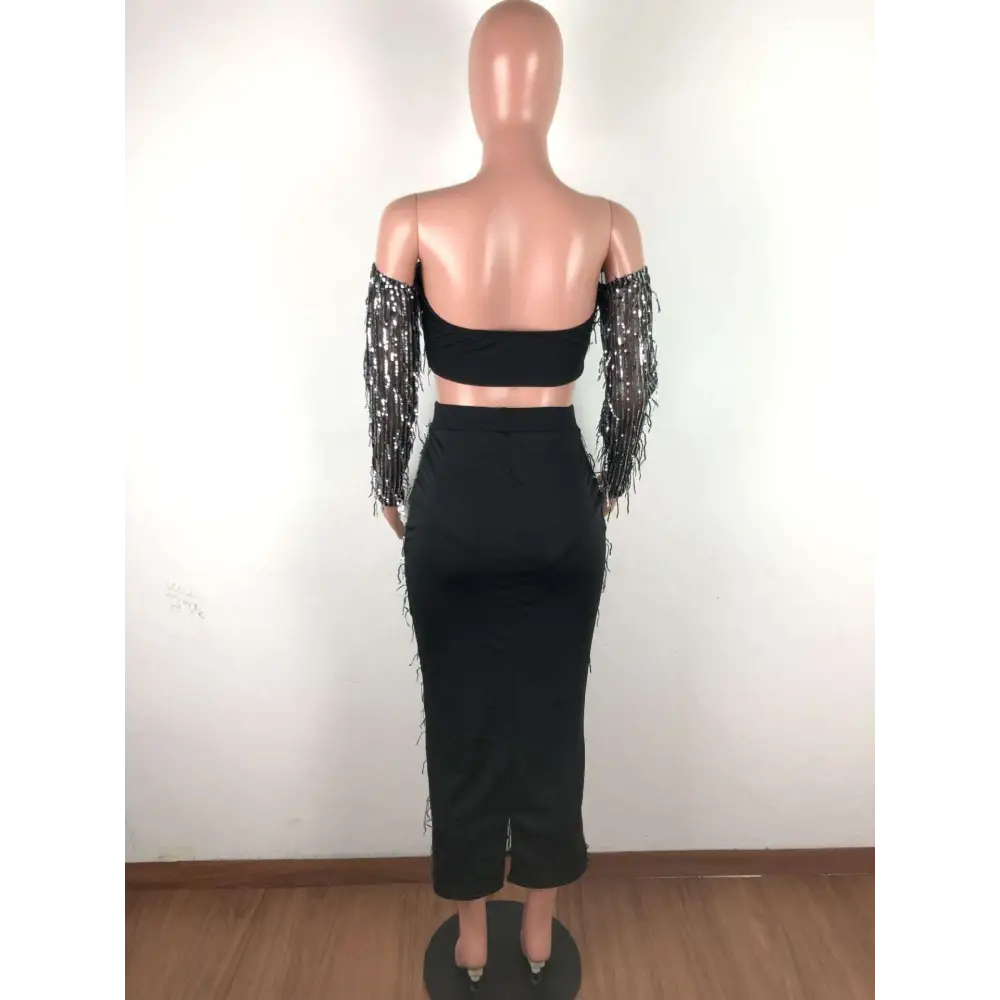 Black Mesh Sequins Tassel Two Piece Set