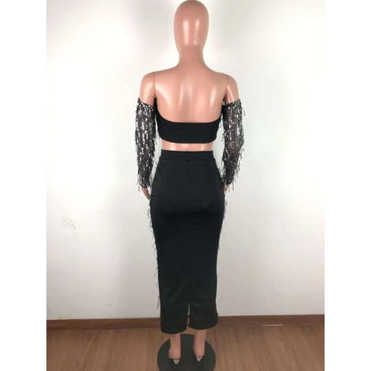 Black Mesh Sequins Tassel Two Piece Set