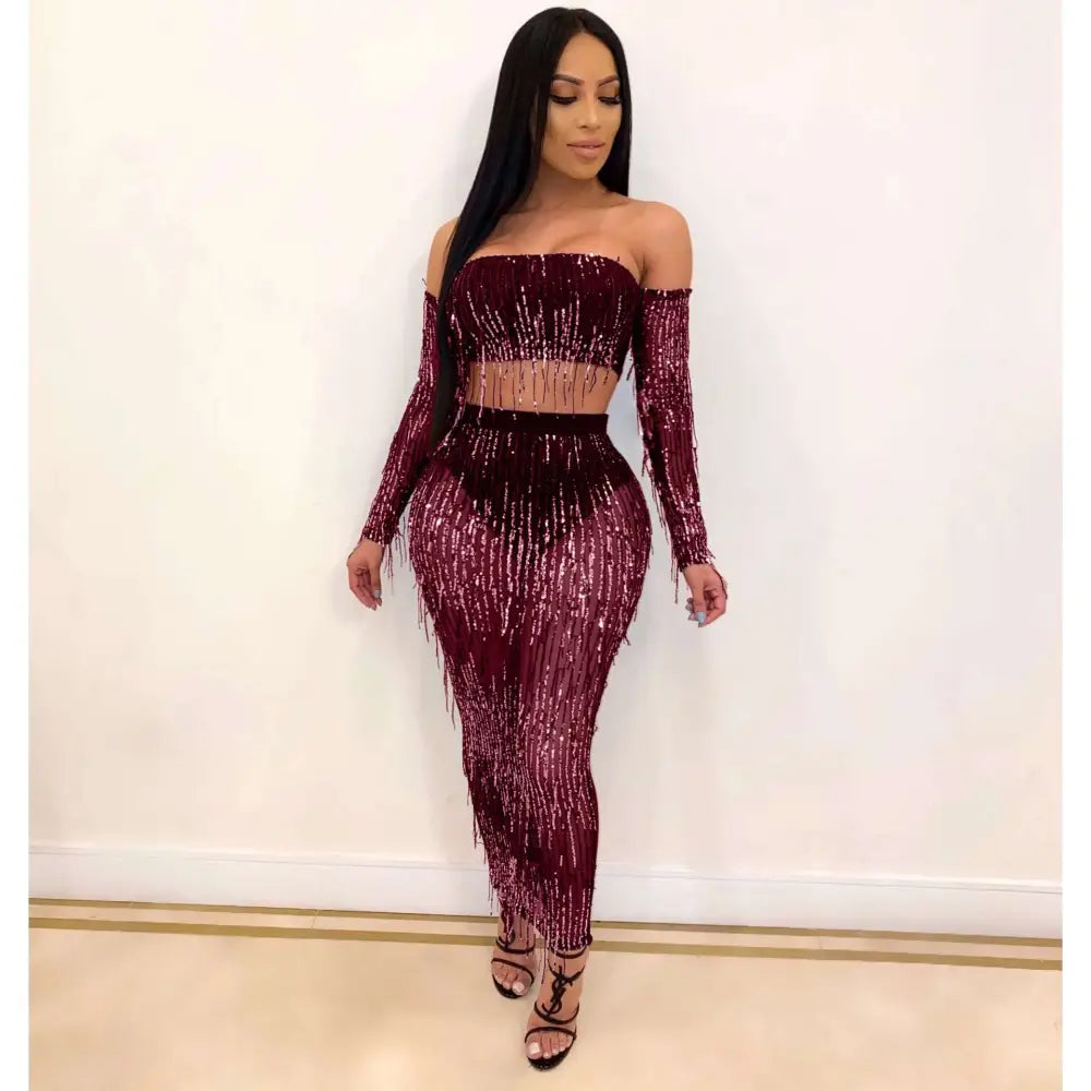 Black Mesh Sequins Tassel Two Piece Set