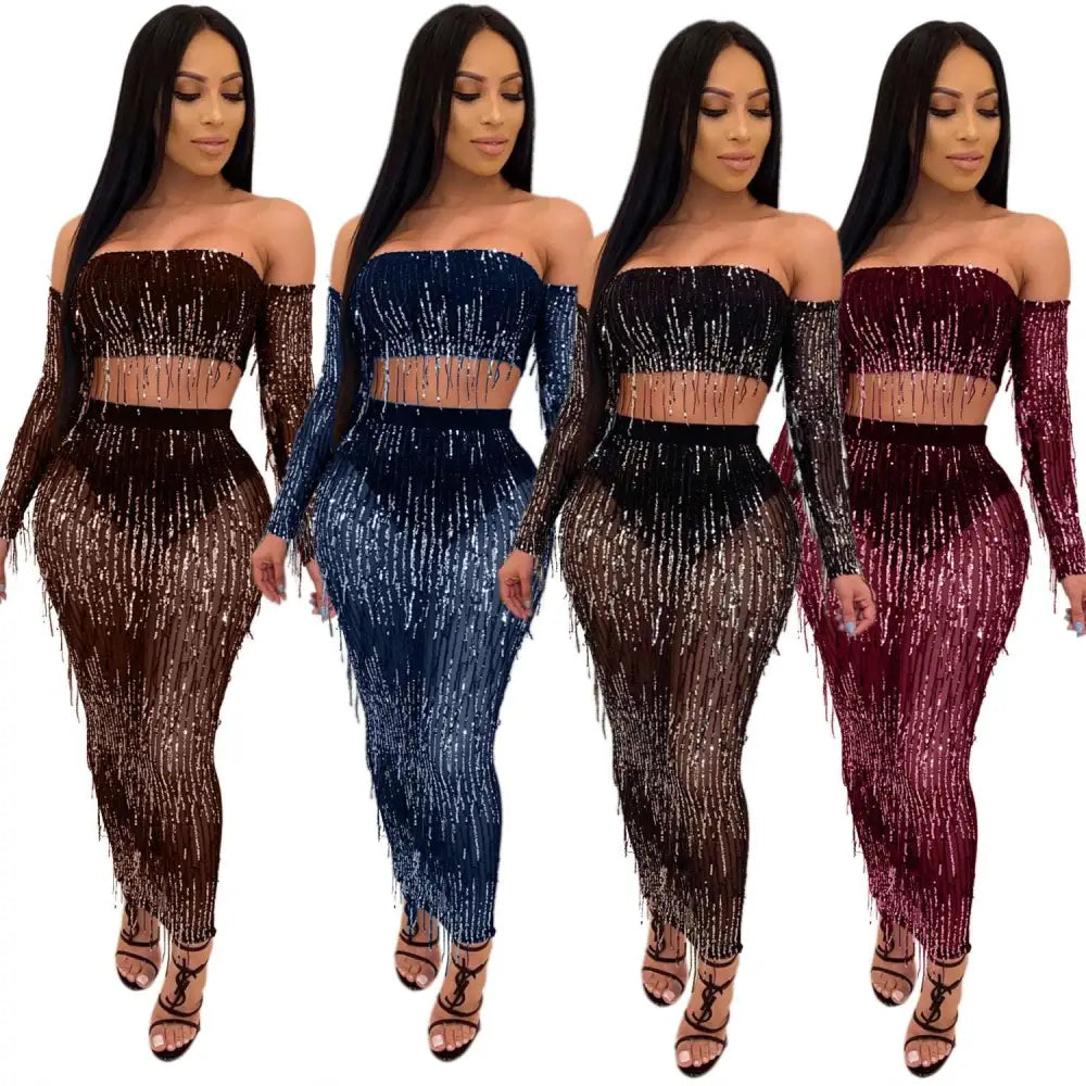 Black Mesh Sequins Tassel Two Piece Set