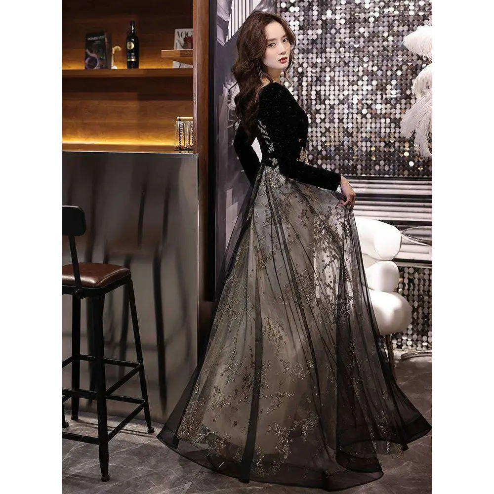 Black Moderator Long Sleeve Annual Party Dress
