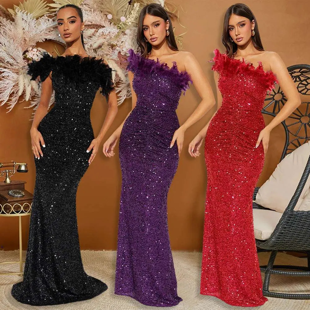 Black Paillette Feather Stitching Sequin Evening Dress