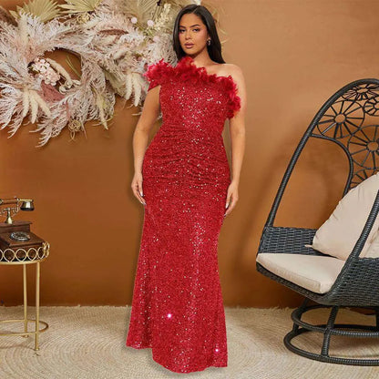 Black Paillette Feather Stitching Sequin Evening Dress