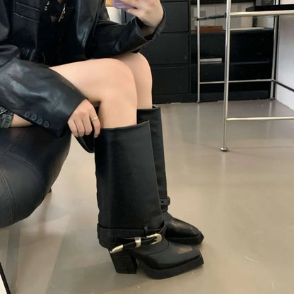 Black Pointed Toe Chunky Heel Knight Boots