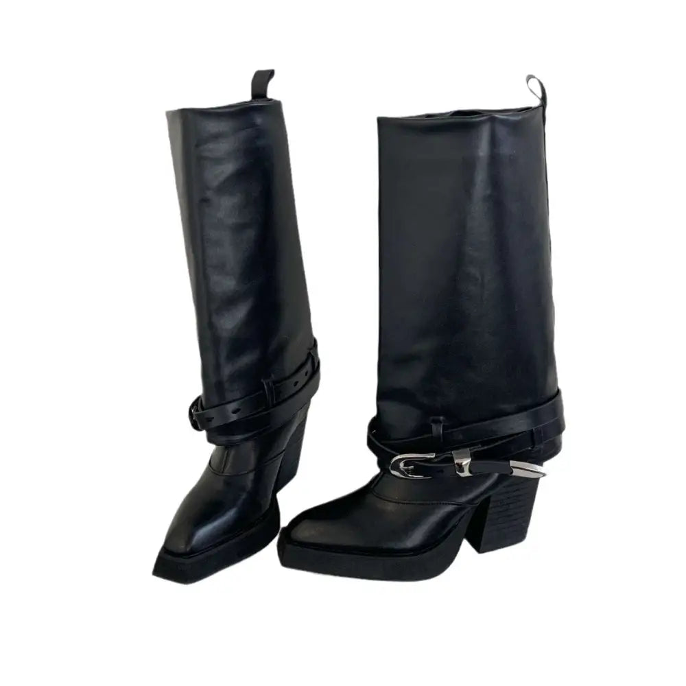 Black Pointed Toe Chunky Heel Knight Boots