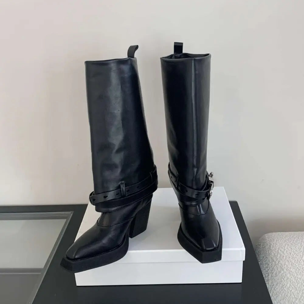 Black Pointed Toe Chunky Heel Knight Boots