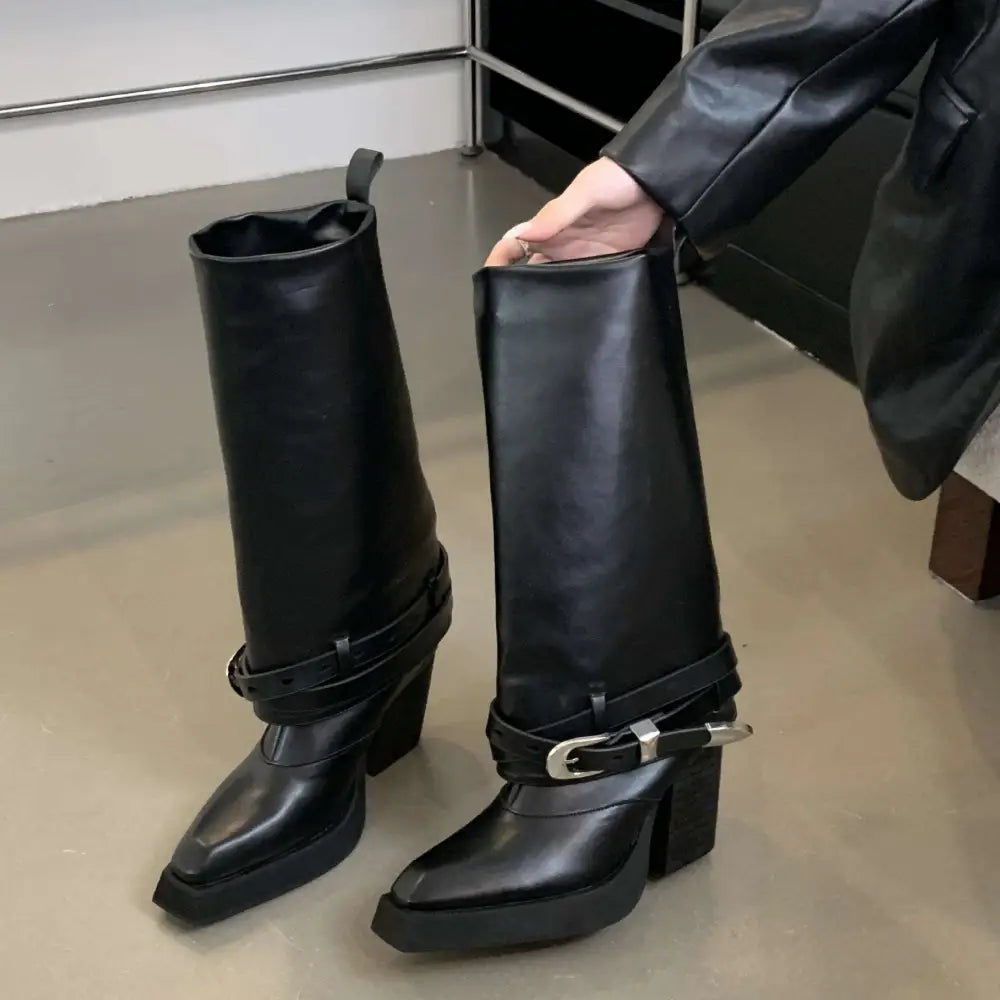 Black Pointed Toe Chunky Heel Knight Boots