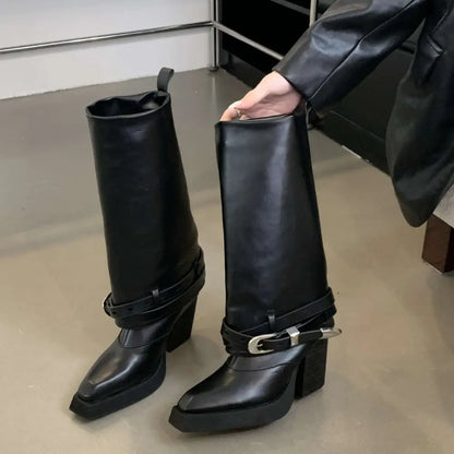 Black Pointed Toe Chunky Heel Knight Boots