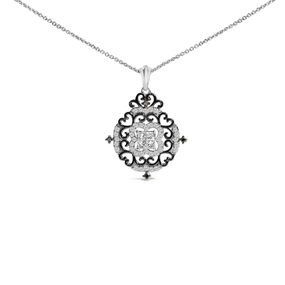 3/4 Cttw Diamond Ornate Medallion Black Rhodium Sterling Silver Necklace