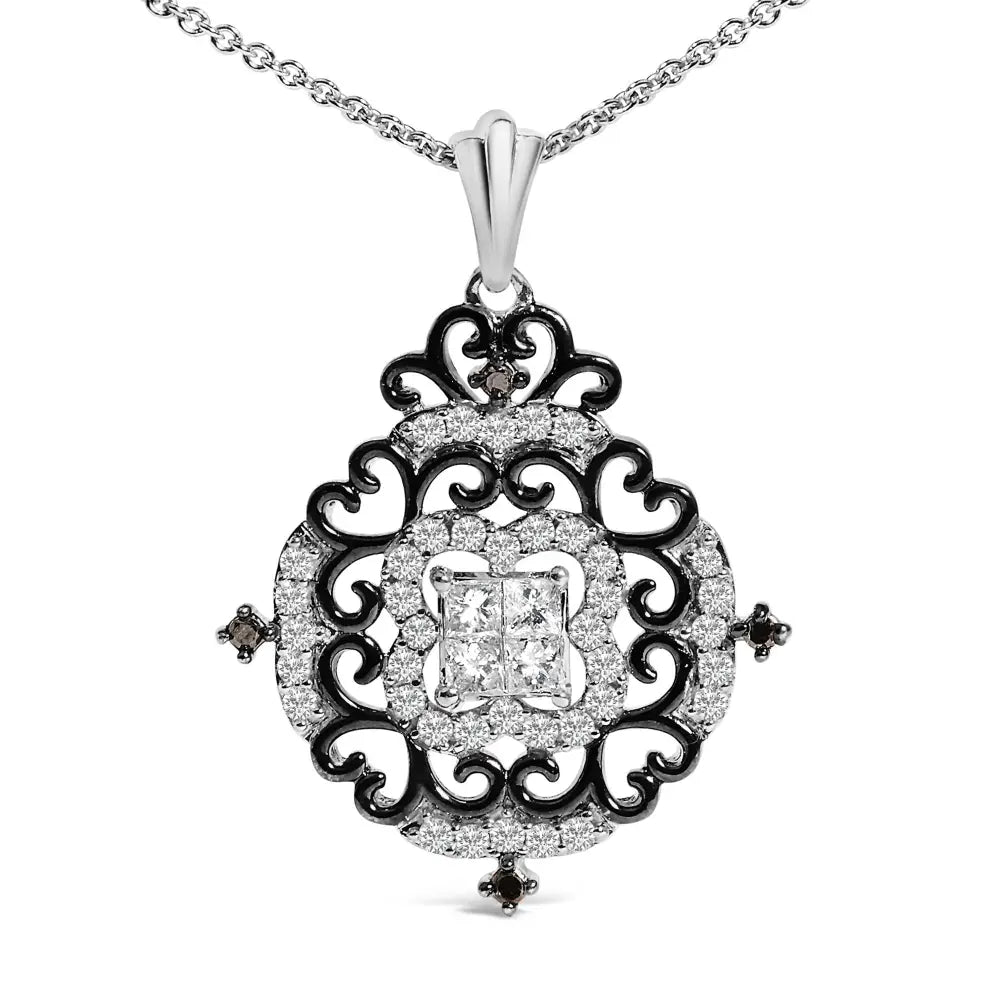 3/4 Cttw Diamond Ornate Medallion Black Rhodium Sterling Silver Necklace
