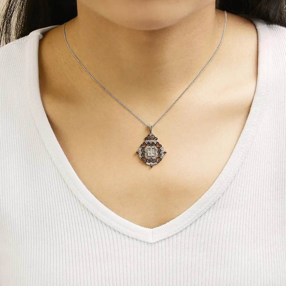 3/4 Cttw Diamond Ornate Medallion Black Rhodium Sterling Silver Necklace