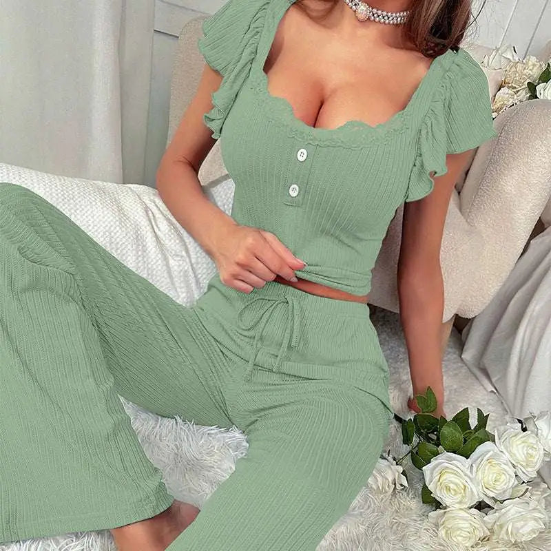 Black Ribbed Lace Ruffle Sleeve Pajama Set