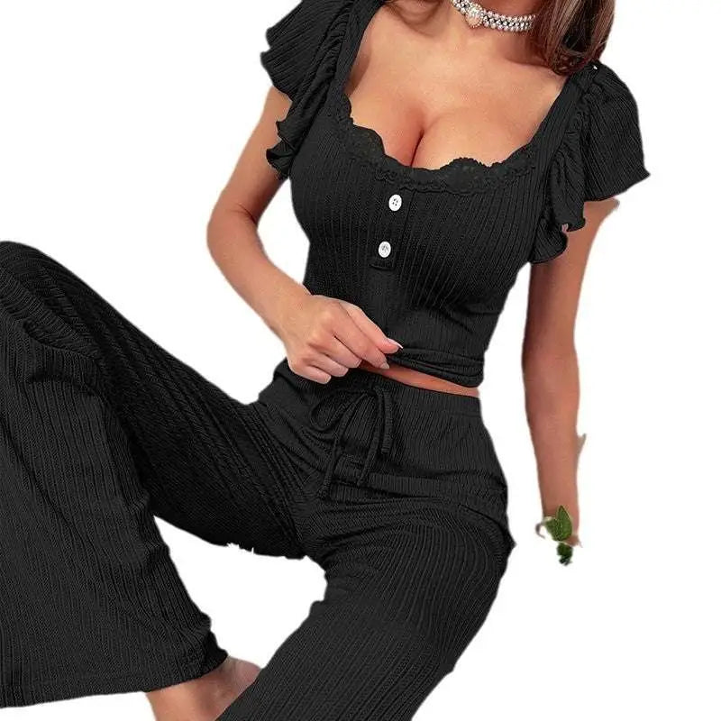 Black Ribbed Lace Ruffle Sleeve Pajama Set