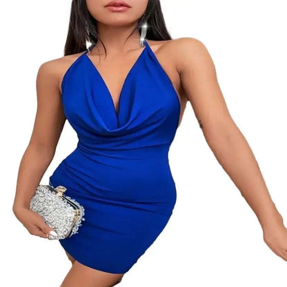 Black Ruched Sling Backless Halter Dress