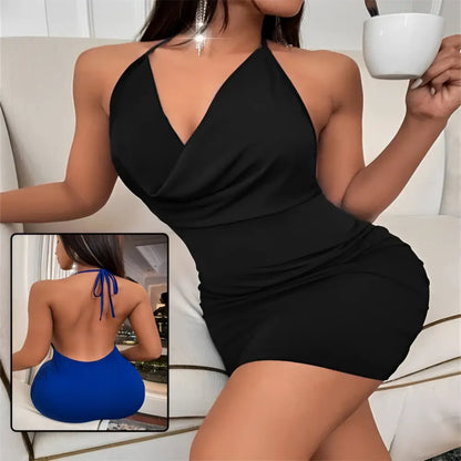 Black Ruched Sling Backless Halter Dress