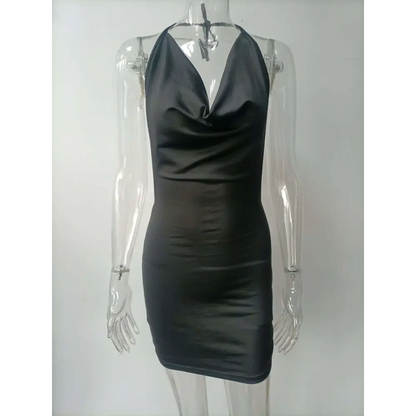 Black Ruched Sling Backless Halter Dress