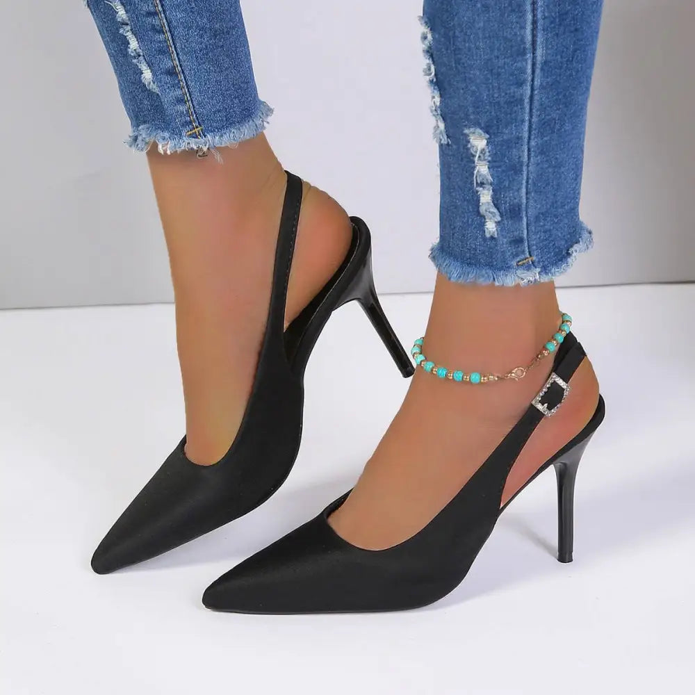 Black Satin High Heel Sandals Closed Toe