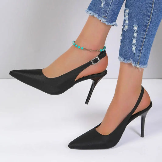 Black Satin High Heel Sandals Closed Toe