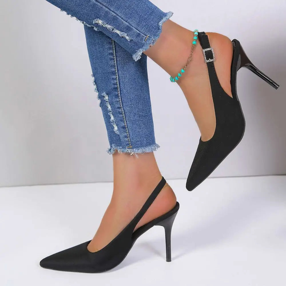 Black Satin High Heel Sandals Closed Toe