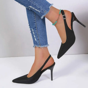 Black Satin High Heel Sandals Closed Toe