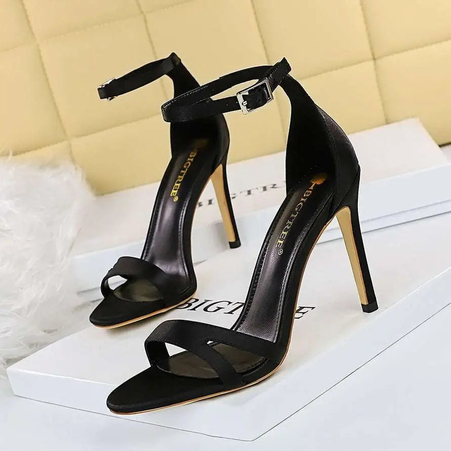 Black Satin High Heel Toe Cutout Sandals