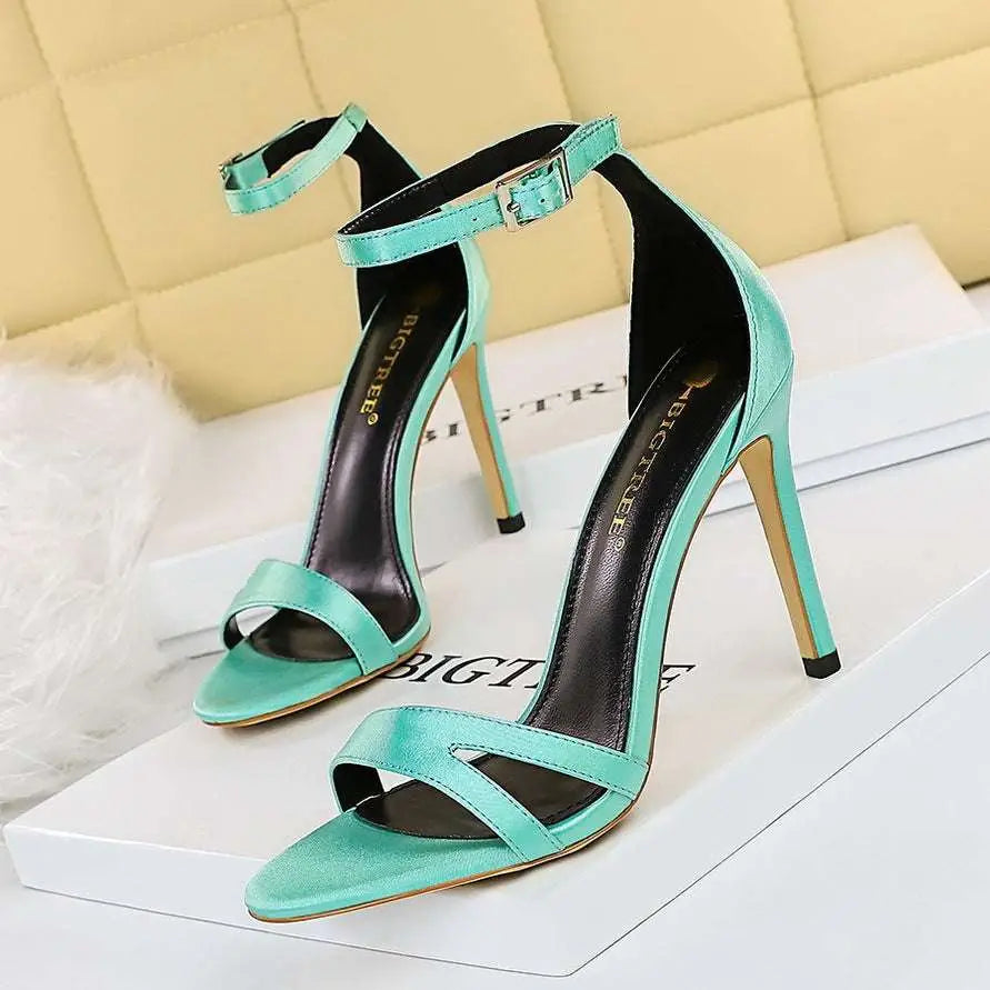 Black Satin High Heel Toe Cutout Sandals