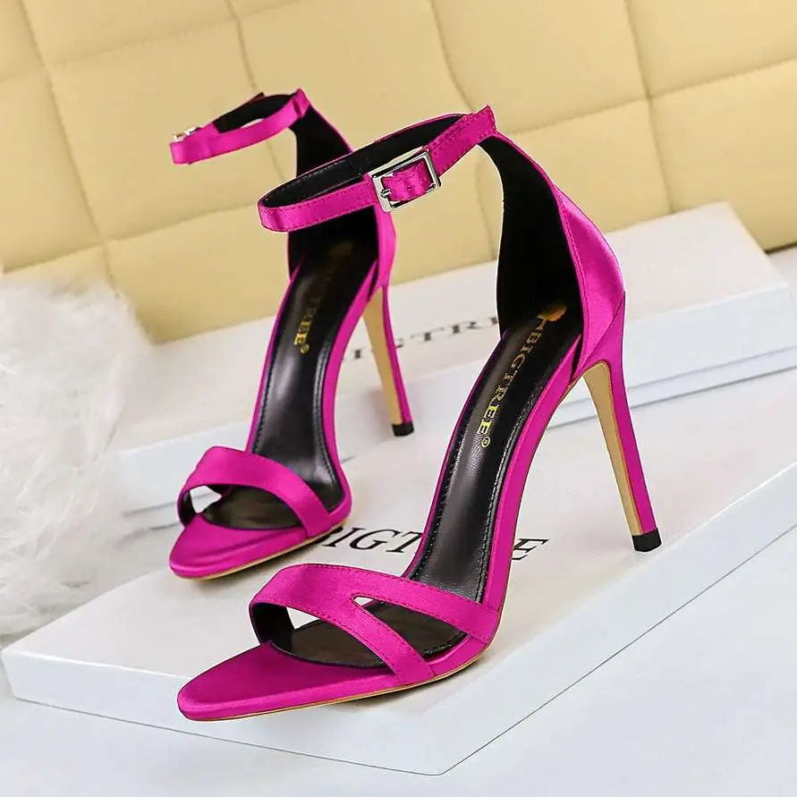 Black Satin High Heel Toe Cutout Sandals