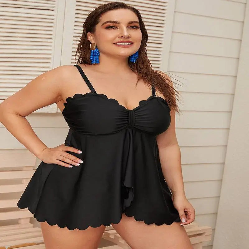 Black Scalloped Plus Size Bottoms Two Piece Set