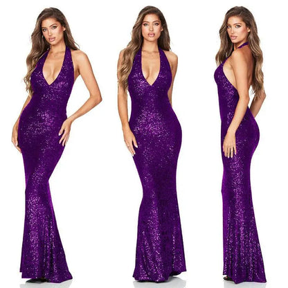 Black Sequined Deep V Halter Backless Dress