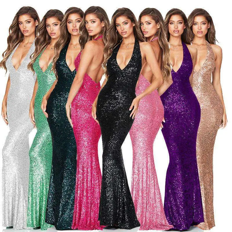 Black Sequined Deep V Halter Backless Dress