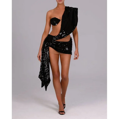 Black Sequined Elegant Shoulder Stitching Dress