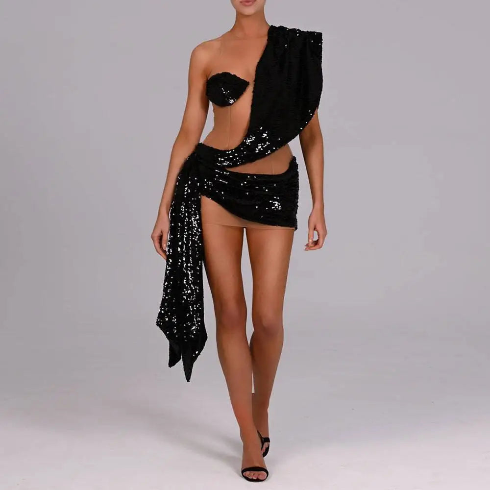 Black Sequined Elegant Shoulder Stitching Dress