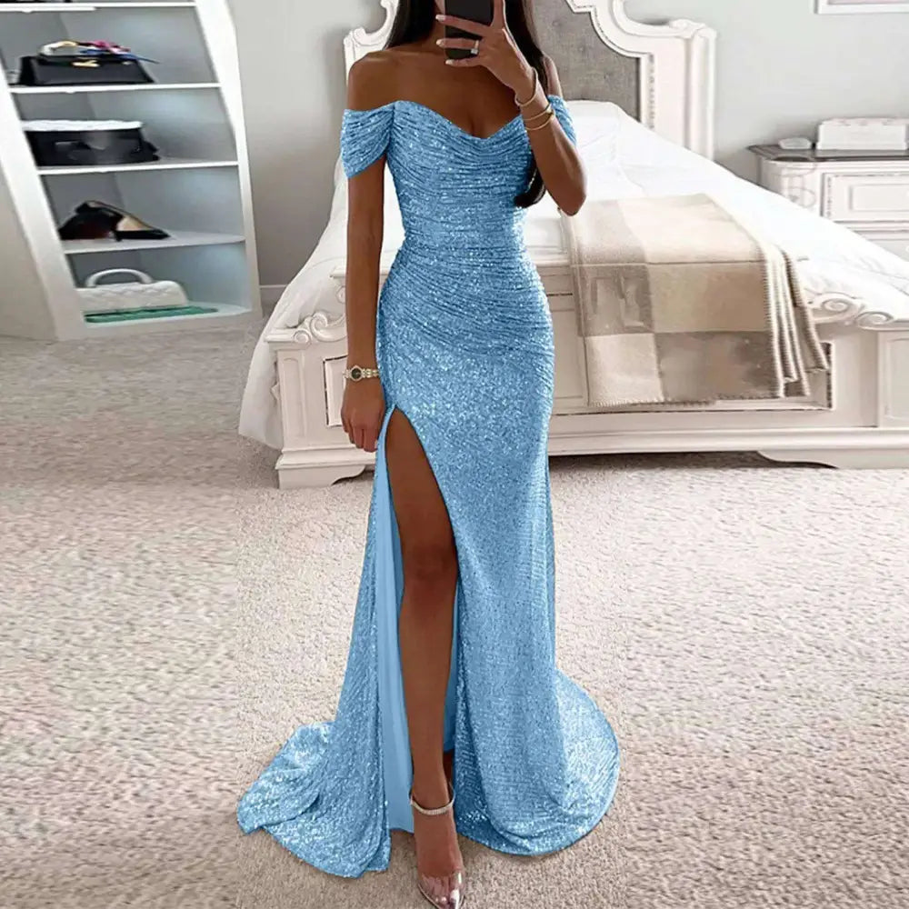 Black Sequined Female Creative Solid Color Slit Gown