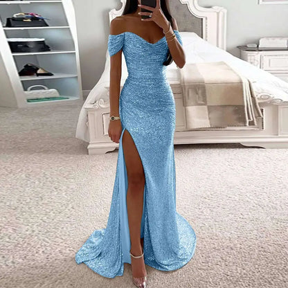 Black Sequined Female Creative Solid Color Slit Gown