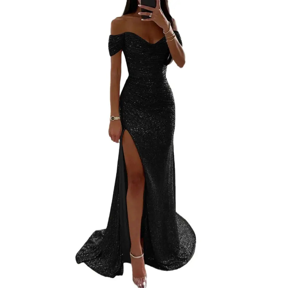 Black Sequined Female Creative Solid Color Slit Gown
