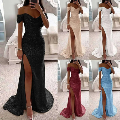 Black Sequined Female Creative Solid Color Slit Gown