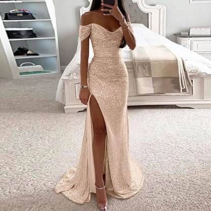 Black Sequined Female Creative Solid Color Slit Gown