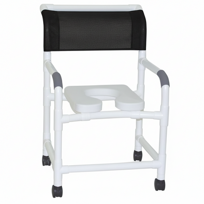 MJM International 122-3TW-SSDE Wide Shower Chair 22" Internal Width, 3" Twin Casters, Deluxe Elongated Open Front Soft Seat, 375 lbs Weight Capacity