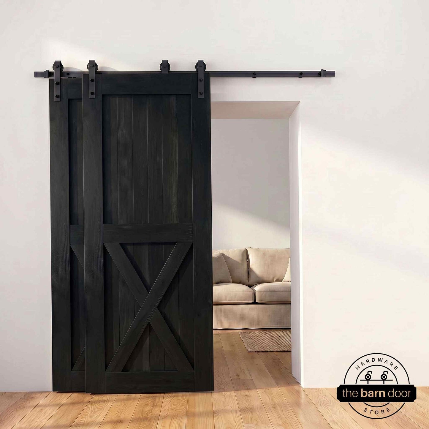 Classic Single Bypass 2 Door Barn Door Kit | Black Hardware