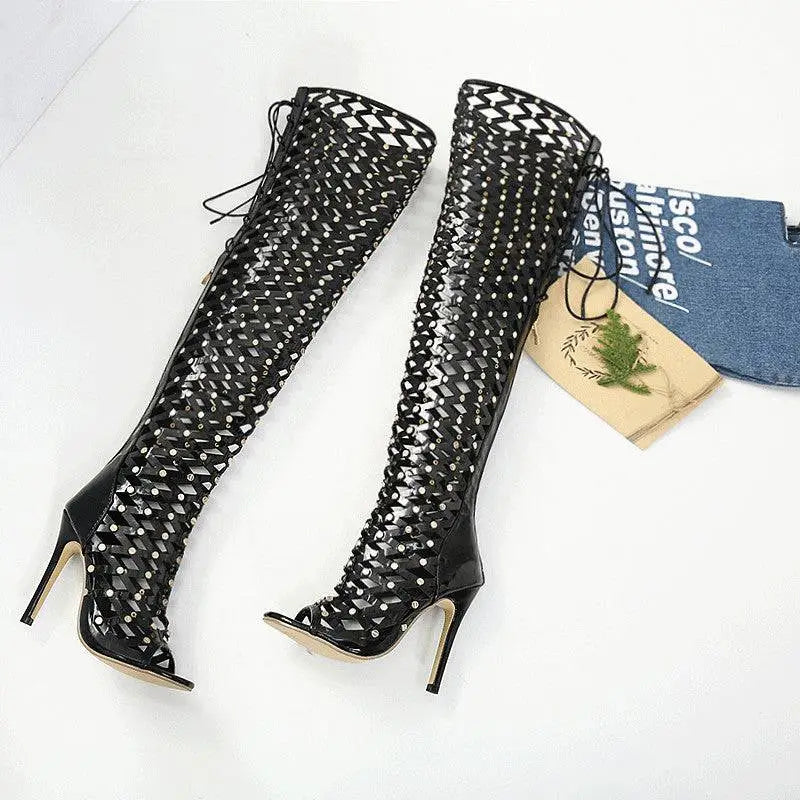 Black Studded Lace Up High Heel Sandal Boots
