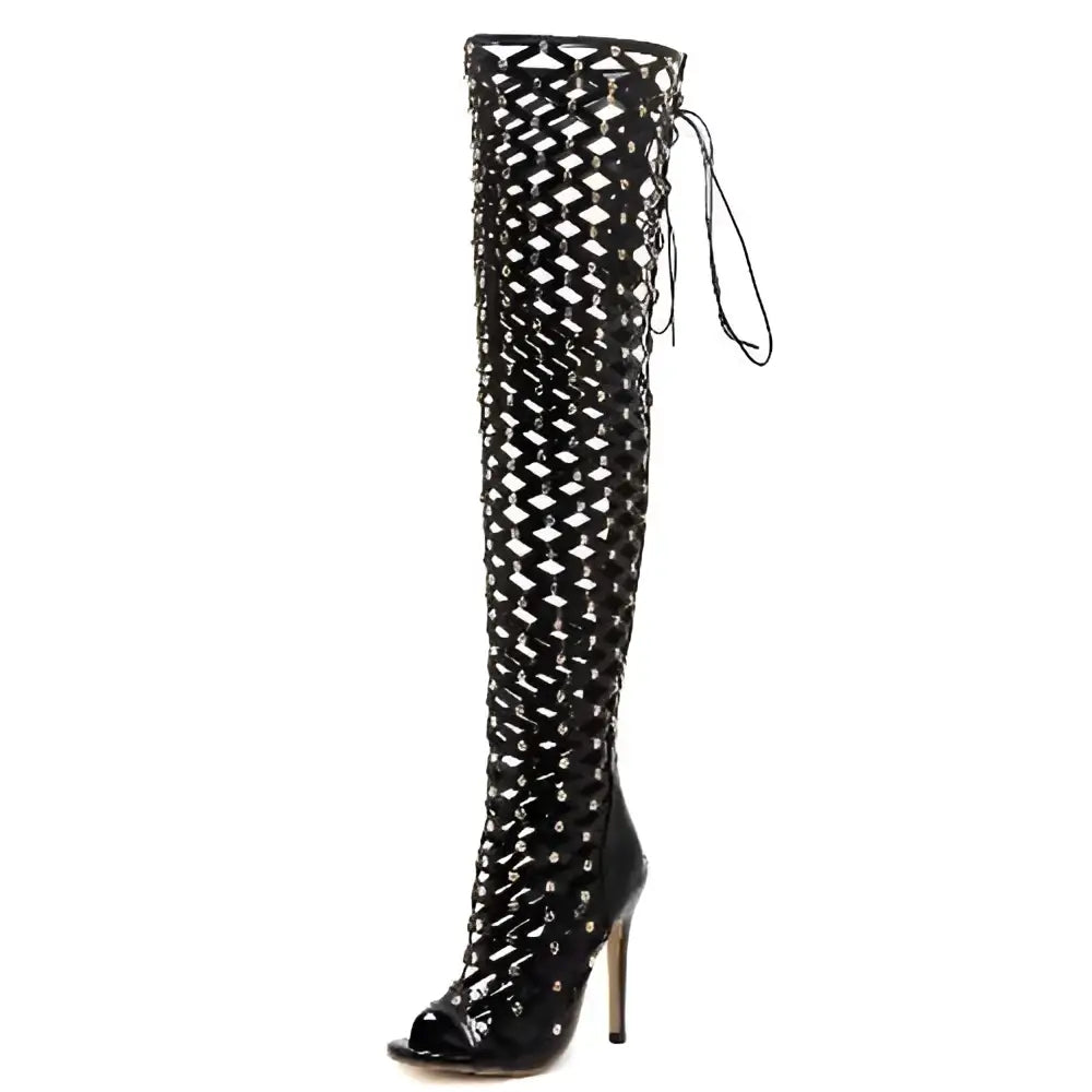 Black Studded Lace Up High Heel Sandal Boots