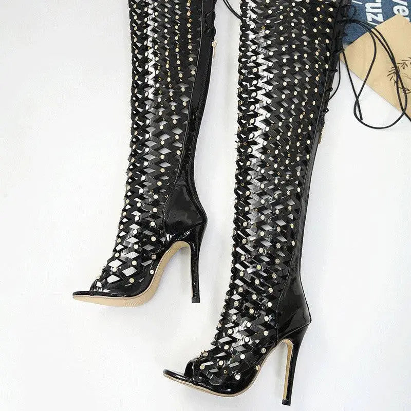 Black Studded Lace Up High Heel Sandal Boots