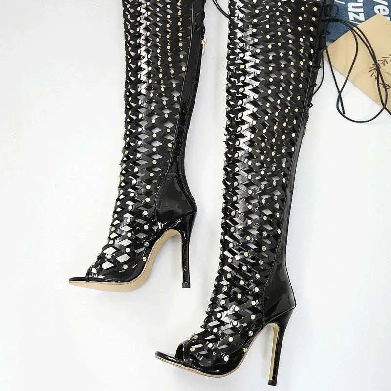 Black Studded Lace Up High Heel Sandal Boots