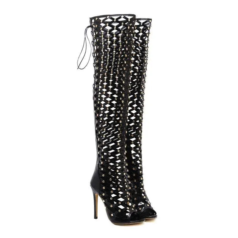 Black Studded Lace Up High Heel Sandal Boots