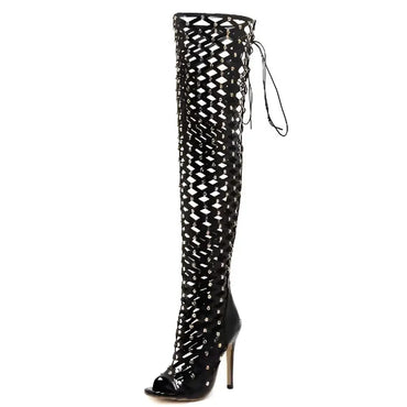 Black Studded Lace Up High Heel Sandal Boots