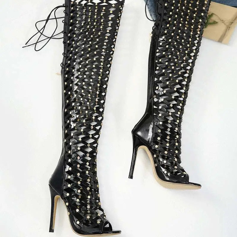 Black Studded Lace Up High Heel Sandal Boots