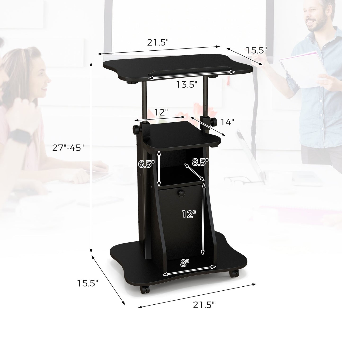 Adjustable Mobile Standing Desk Cart with Tilt Desktop and Cabinet