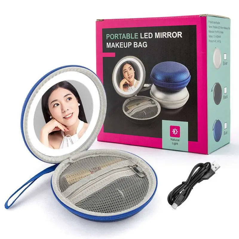 Blue and Silver Round Bag Mirror Case